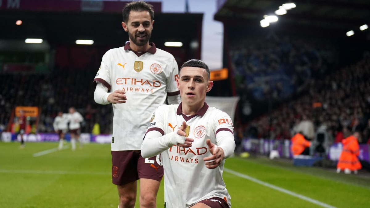 Phil Foden (front) celebrates for Manchester City