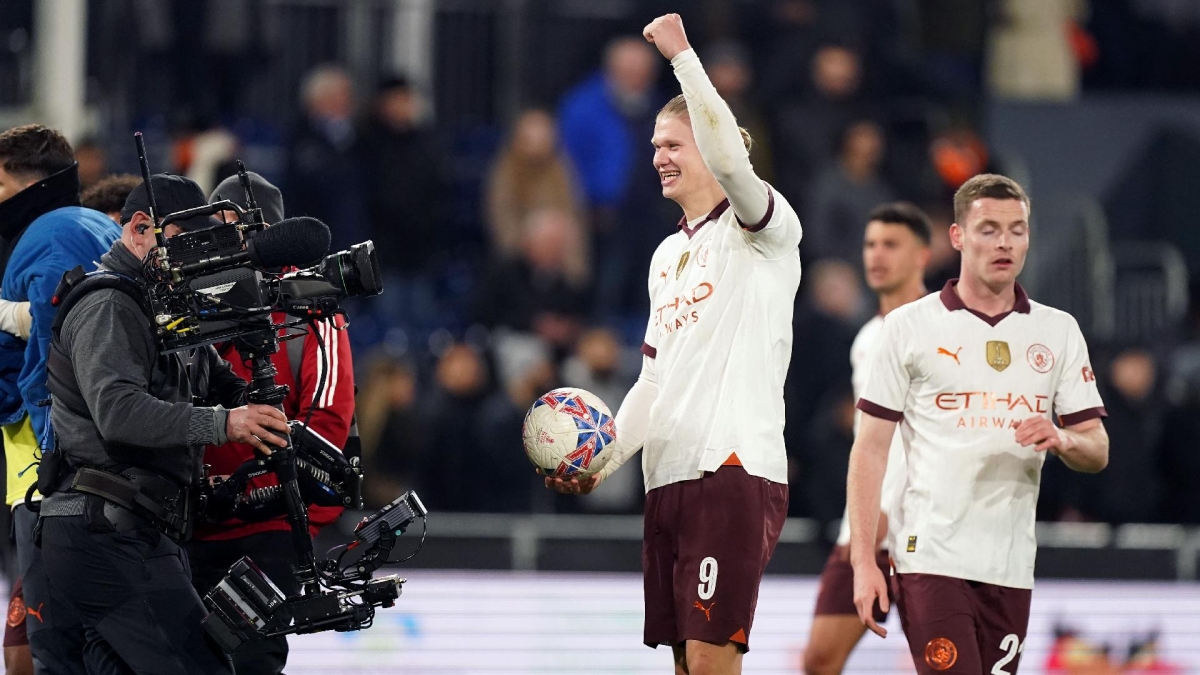 Manchester City’s Erling Haaland, who scored five goals, celebrates after the victory against Luton (Mike Egerton/PA)