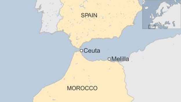 Map of Spain and Morocco, showing enclaves of Ceuta and Melilla Map of Spain and Morocco, showing enclaves of Ceuta and Melilla