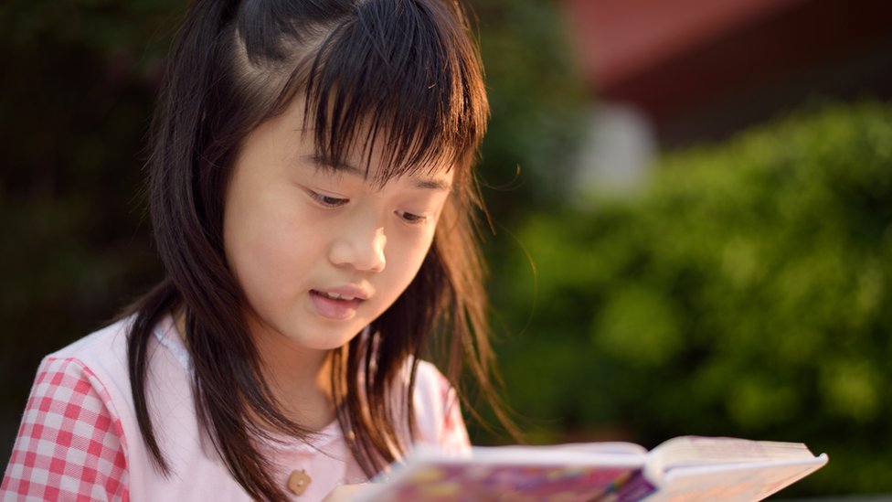 একটি মেয়ে বই পড়ছে।