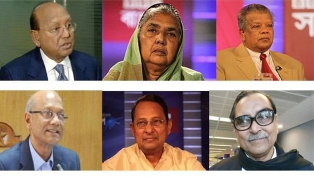 নতুন মন্ত্রিসভায় থাকছেননা: (উপরে বাম থেকে) তোফায়েল আহমেদ, মতিয়া চৌধুরি, আমির হোসেন আমু, (নিচে বাম থেকে) নুরুল ইসলাম নাহিদ, হাসানুল হক ইনু এবং রাশেদ খান মেনন। নতুন মন্ত্রিসভায় থাকছেননা: (উপরে বাম থেকে) তোফায়েল আহমেদ, মতিয়া চৌধুরি, আমির হোসেন আমু, (নিচে বাম থেকে) নুরুল ইসলাম নাহিদ, হাসানুল হক ইনু এবং রাশেদ খান মেনন।