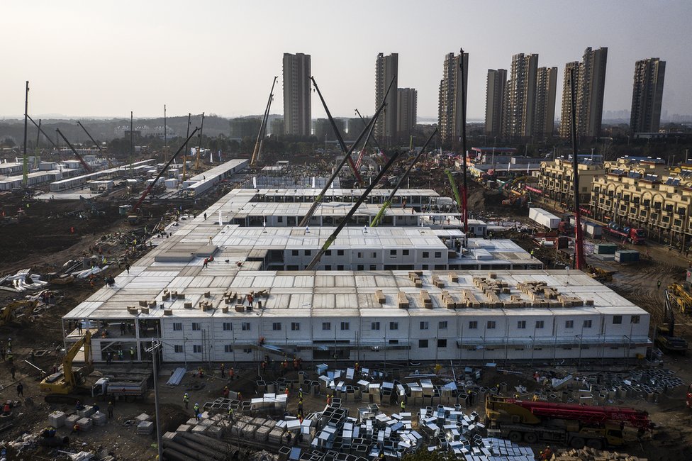 An aerial view of construction at Huoshenshan hospital An aerial view of construction at Huoshenshan hospital