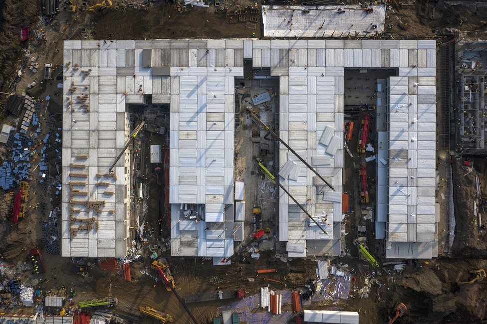 An aerial view of construction at Huoshenshan hospital An aerial view of construction at Huoshenshan hospital