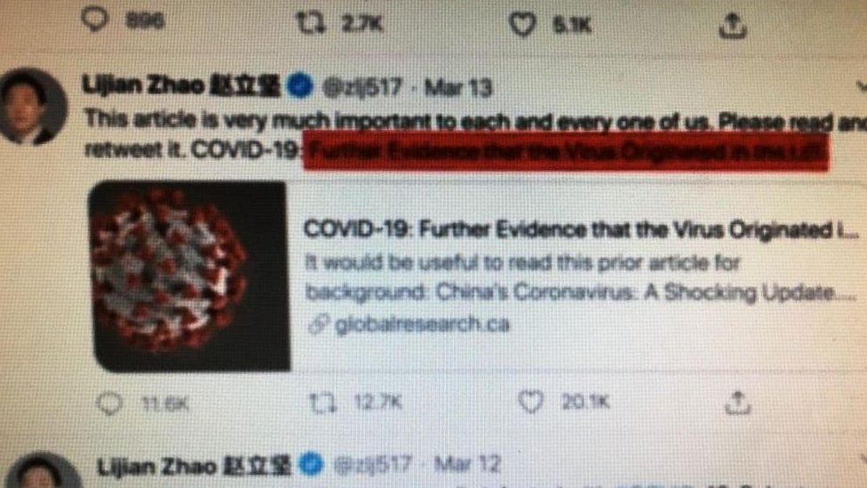 চীনা পররাষ্ট্র মন্ত্রণালয়ের মুখপাত্রের টুইট চীনা পররাষ্ট্র মন্ত্রণালয়ের মুখপাত্রের টুইট