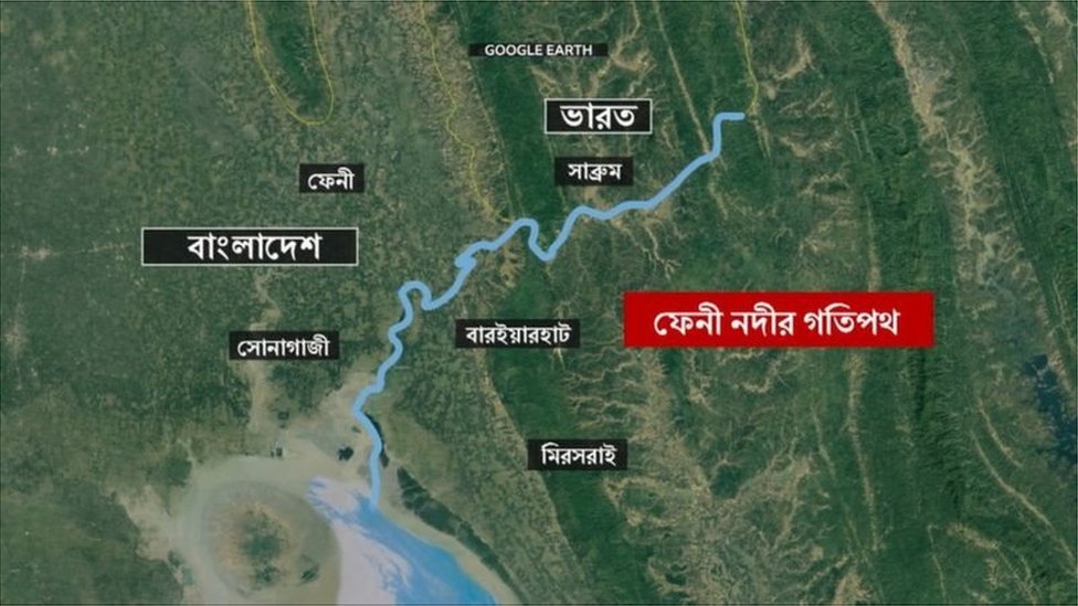 মানচিত্রে ফেনী নদীর গতিপথ মানচিত্রে ফেনী নদীর গতিপথ