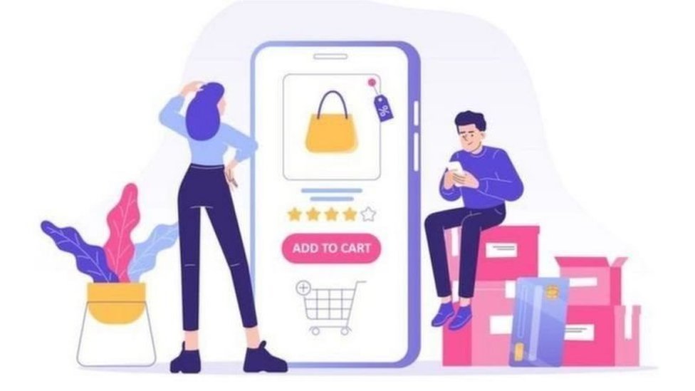 অনলাইন কেনা বেচার গ্রাফ্ক্সি চিত্রে এক নারী ও পুরুষ