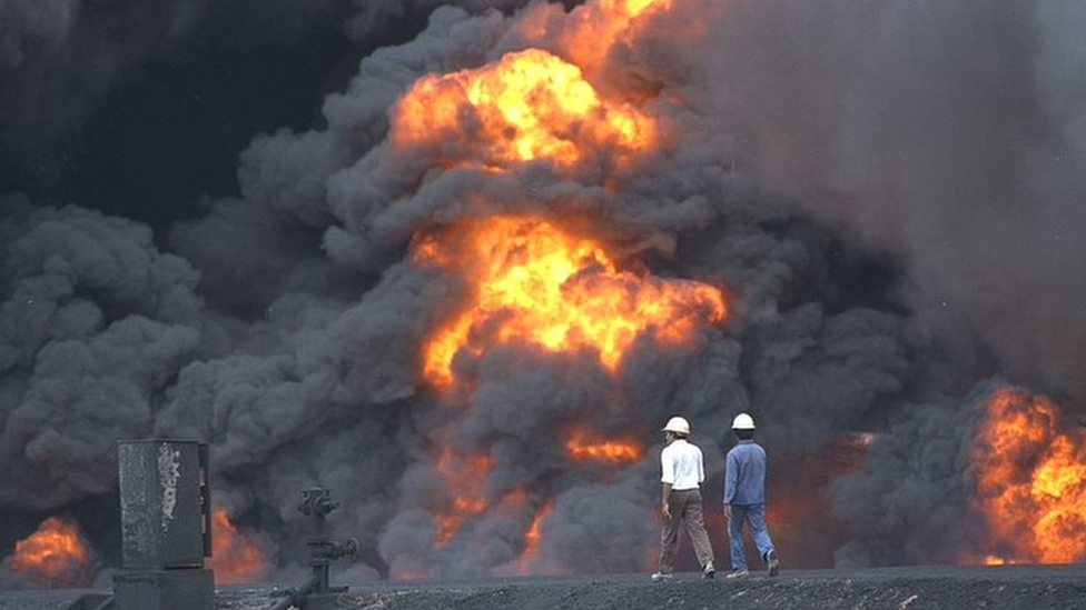 A fuel depot in flames during the Sri Lankan Civil War A fuel depot in flames during the Sri Lankan Civil War
